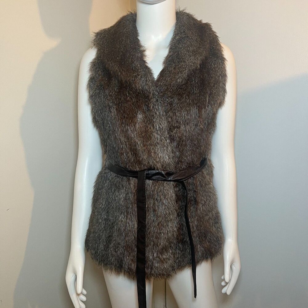 Brown Fur Vest XS - Belted Glam Y2K Boho Indie Sleaze Mob Wife Model Off Duty